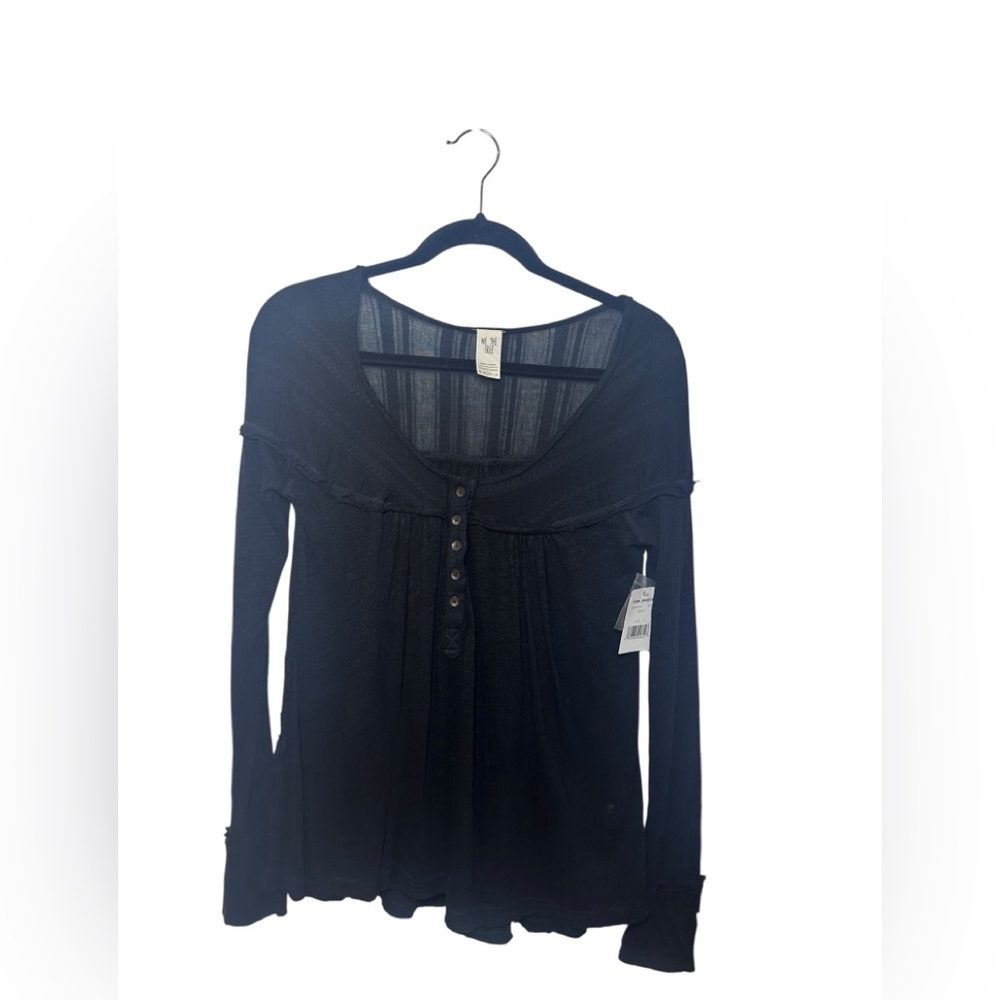 We The Free Down Under Henley Black‎ Long Sleeve Linen High Low Hem Line Size Sm